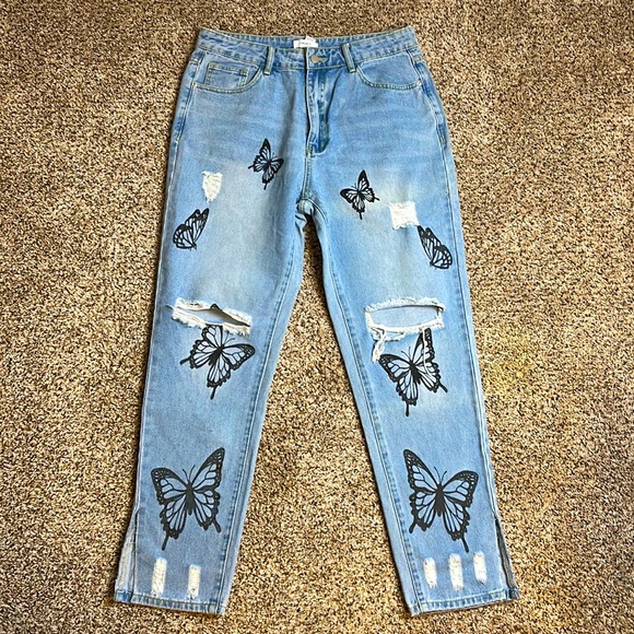 Forever 21 High Rise Light Denim Jeans Women Size Large Distressed Butterfly - Picture 2 of 11